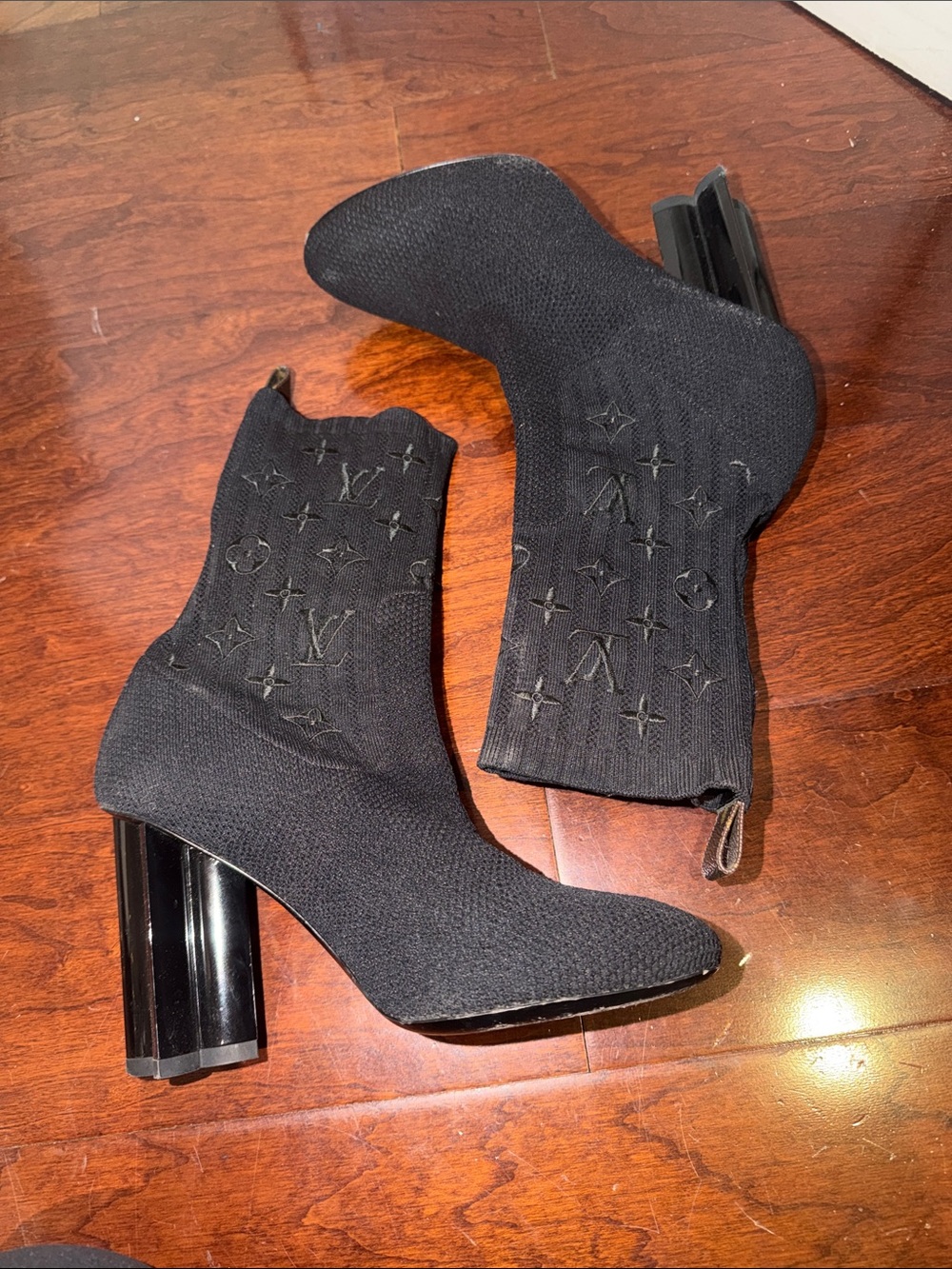 LOUIS VUITTON Black Knit Sock Booties with Monogram Embroidery 37.5